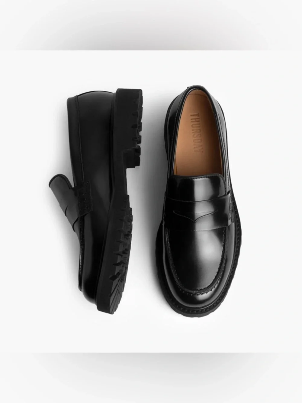 Thursday The Penny Loafers Black Patent Leather Womens Size 10.5 Lug Sole Chunky